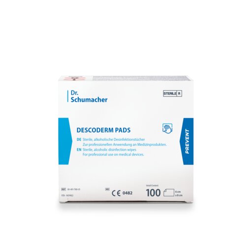 Eine weiße Schachtel mit der Aufschrift "Dr. Schumacher DESCODERM PADS | Packung (100 Beutel)" der Dr. Schumacher GmbH enthält 100 sterile, alkoholische Pads zur professionellen Desinfektion von Haut, Flächen und Medizinprodukten.