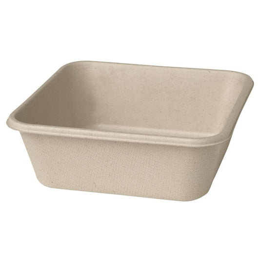 Die Box Bagasse Braun der Duni GmbH ist eine rechteckige, beigefarbene, biologisch abbaubare Box mit leicht abgerundeten Ecken und strukturierter Oberfläche, hergestellt aus umweltfreundlichem Faserformstoff (Bagasse) für nachhaltige Verpackungen.
