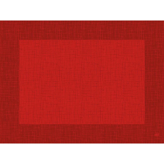 Ein rotes Quadrat, das an die Dunicel-Tischsets 30 x 40 cm Linnea rot der Duni GmbH erinnert, mit einem strukturierten Gittermuster, ist auf einem dunkleren roten Hintergrund zentriert. Ein kleines Duni-Logo erscheint diskret in der unteren rechten Ecke.