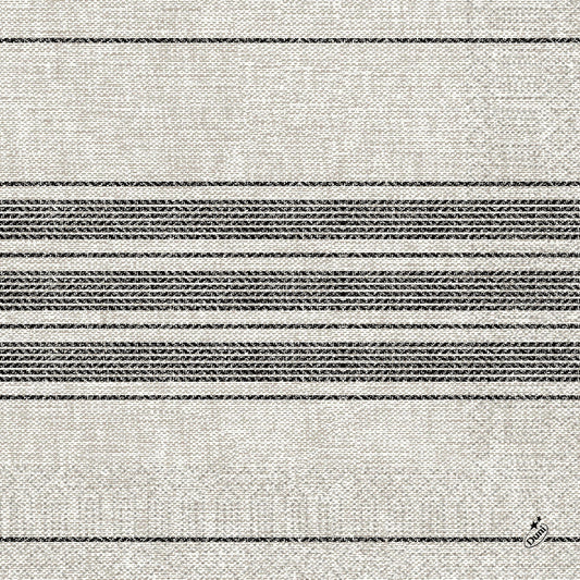 Die Zelltuchservietten der Duni GmbH (40 x 40 cm, 3-lagig, 1/4 Falz) haben einen hellbeigen Hintergrund mit mehreren schwarzen Querstreifen. Mit einem kleinen Schriftzug unten rechts. Erhältlich in 250er-Packungen als Cocina schwarz.