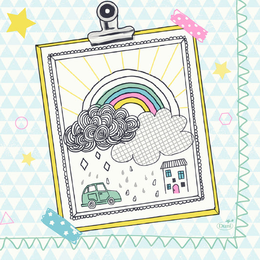 Eine auf ein Brett geklebte Zeichnung zeigt einen Regenbogen, Wolken, Regentropfen, ein Auto und ein Haus auf Duni GmbH Zelltuchservietten 33 x 33 cm 3lagig Keep drawing. Der Hintergrund ist mit geometrischen Mustern und buntem Klebeband an den Ecken versehen. Packung (50 Stück).