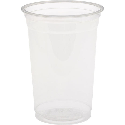 Ein Duni GmbH rPET Glas Crystal 300 ml Transparenter Einwegbecher steht aufrecht vor weißem Hintergrund. Die Packung enthält 65 Stück.