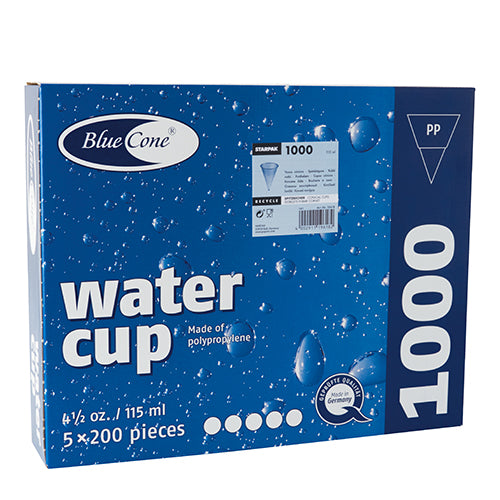 Eine blau-weiße „Blue Cone“-Box von Starpak enthält 1000 Spitzbecher PP-Becher (115 ml, Ø 7,03 cm, 9,5 cm), verpackt in 5 Sets zu je 200 Stück. Auf der Verpackung sind Wassertropfen und Produktdetails abgebildet.