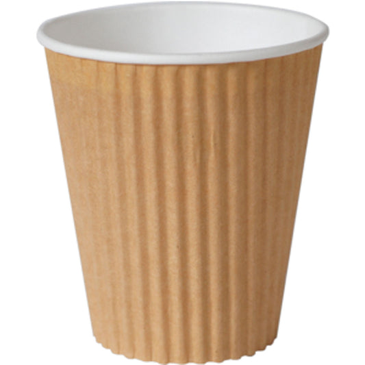 Der Duni GmbH Triple Wall Thermobecher 350 ml in braunem PAP/PLA, hier mit weißem Innenleben auf unifarbenem Hintergrund, bietet eine umweltfreundliche Art, Getränke zu genießen; erhältlich in Packungen mit 30 Stück.