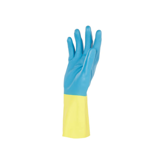 Ein KleenGuard® G80 Neopren-Chemikalienschutzhandschuh von Kimberly-Clark GmbH (30 cm, Gelb & Blau) steht aufrecht vor weißem Hintergrund. Die gelbe Manschette und blauen Finger betonen den Chemikalienschutz.