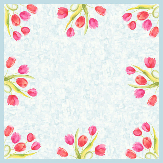Aquarellierte rosa und rote Tulpen mit grünen Blättern schmücken die Ecken dieser 84x84 cm großen Dunicel Mitteldecke der Duni GmbH. Die Mitte ist einfarbig, ideal für den vielseitigen Einsatz. Die Packung enthält 20 Stück mit gemalten Tulpenmotiven.