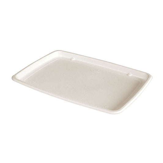 Eine rechteckige, braune Servierplatte Small von Duni GmbH (Braun Bagasse, 285x203x15mm), unbeschichtet und umweltfreundlich, wird auf einem schlichten weißen Hintergrund gezeigt. Ideal für nachhaltiges Servieren; die Packung enthält 60 Stück.