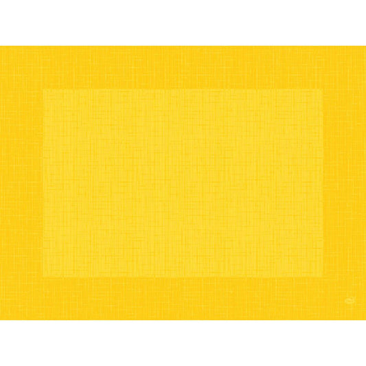 Die Bio-Dunicel-Sets 30x40 Linnea gelb der Duni GmbH sind rechteckige, strukturierte, biologisch abbaubare Tischsets mit einem dezenten Kreuzschraffurmuster und einem dunkleren gelben Rand - perfekt für umweltfreundliche Tischdekorationen. Packung mit 100 Stück.