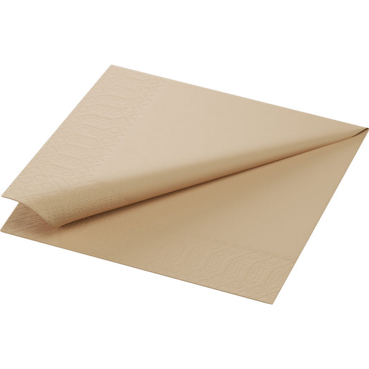 Die Duni GmbH Zellt.Serv.33x33 3lg. 1/4 natürliche braune Servietten (Packung 250 Stück) bestehen aus Zellstoff, sind 33x33 cm groß und mit dezentem Randmuster auf schlichtem Hintergrund versehen.