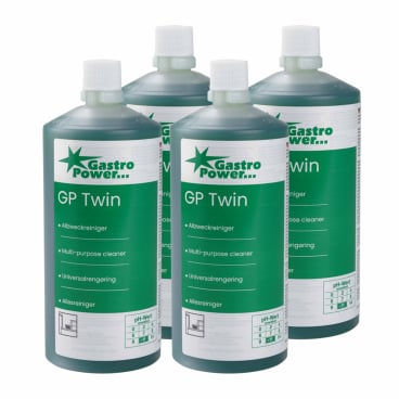 Vier Flaschen Abena Re-Seller GmbH GastroPower GP Twin Allzweckreiniger (325 ml, 4er-Pack, 1999915025) mit grüner Flüssigkeit und weißen Verschlüssen sind übersichtlich angeordnet - ideal als professioneller Gastronomie-Reiniger.