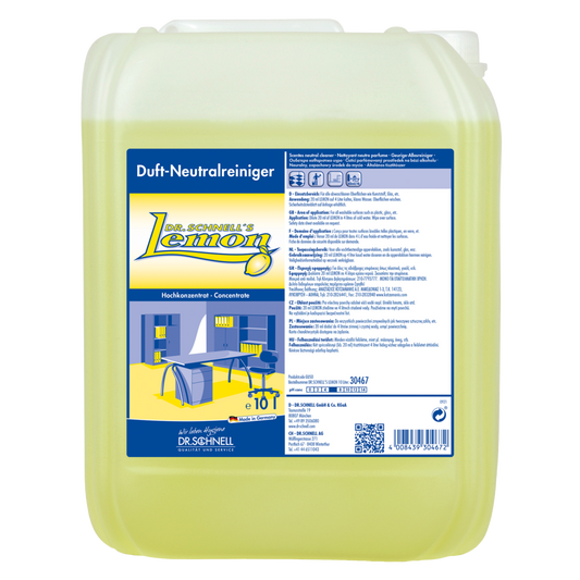Ein 10-Liter-Gebinde Dr. Schnell DR.SCHNELL'S LEMON von DR.SCHNELL GmbH & Co. KGaA mit gelber Flüssigkeit und einem blau-gelben Etikett mit Produktangaben, ideal für die effektive Reinigung im Haushalt.