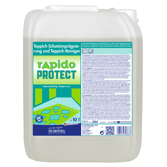 Ein 10L Kanister Dr. Schnell RAPIDO PROTECT Fahrzeugreinigung, Teppich-Reiniger und Imprägnierung von DR.SCHNELL GmbH & Co. KGaA, mit deutschem Etikett und Teppich-Grafik. Ideal für die Fahrzeugreinigung.