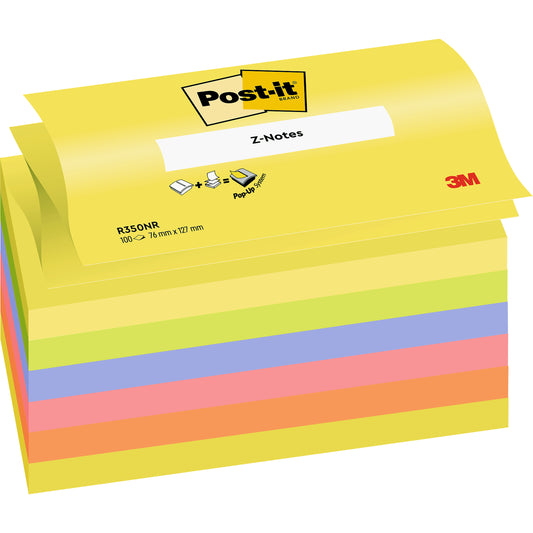 Ein Stapel Post-it® Super Sticky Z-Notes Promotion (76x127 mm, 100 Blatt/Block, 6 Blöcke, verschiedene Neonfarben) von 3M Deutschland GmbH - perfekt fürs Büro. Mit PEFC-Zertifizierung (SGSCH-PEFC-COC-110078).