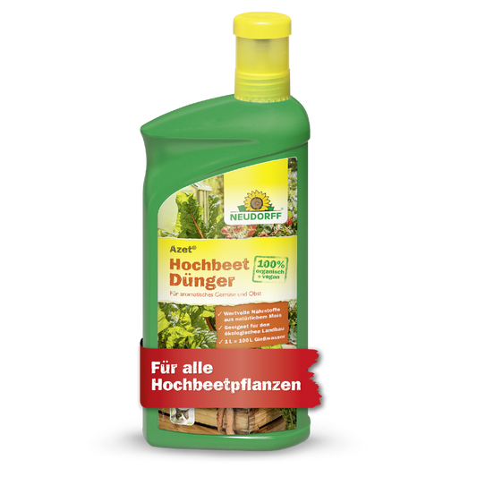 Eine grüne Plastikflasche von Neudorff Shop Azet HochbeetDünger flüssig mit gelbem Verschluss, beschriftet mit 100% Bio, nährstoffreich, ideal für Hochbeetpflanzen und mit Gemüse auf der Vorderseite.