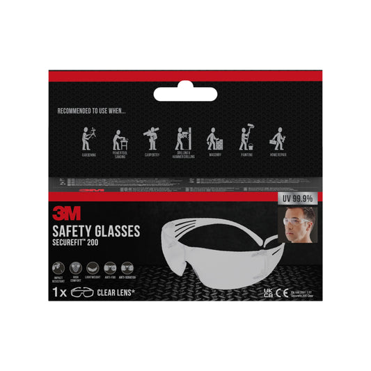 Eine Verpackung der 3M™ SecureFit™ Schutzbrille 200 von 3M Deutschland GmbH mit klaren Gläsern. Die Verpackung zeigt das Produktbild, Anwendungssymbole und gibt einen UV-Schutz von 99,9 % an.