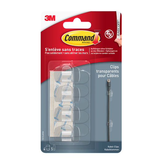 Abgebildet ist eine Packung Command™ transparente Clips für runde Kabel, 17017CLR von 3M Deutschland GmbH. Die rote und durchsichtige Verpackung enthält 4 Clips + 5 Streifen, mit Text in Englisch, Französisch und Deutsch.