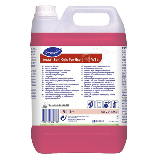 Ein 5-Liter-Behälter aus rosa Kunststoff mit TASKI Sani Calc Pur‑Eco Sanitärreiniger von Diversey Deutschland GmbH & Co. OHG zur effektiven Kalkentfernung, mit weißem Etikett mit Produktdetails, Gebrauchsanweisungen und Sicherheitssymbolen.