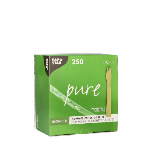 Eine braune „pure“-Box der PAPSTAR GmbH enthält 250 biologisch abbaubare Pommes-Frites-Gabeln aus Papier mit einer Länge von jeweils 8,5 cm. Die Verpackung unterstreicht ihr umweltfreundliches Design auf Papierbasis.