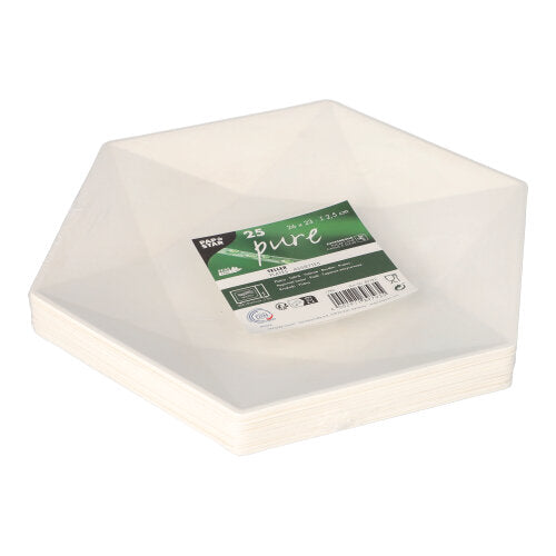 Ein Stapel PAPSTAR 25 Teller Zuckerrohr „pure“ 6-eckig, weiß (25 Stück, 2,5x26x23 cm), mit grün-weißem Etikett samt Infos und Barcode von PAPSTAR GmbH obenauf.