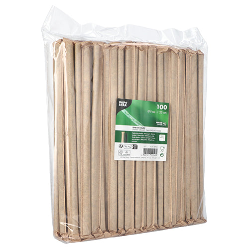 Eine transparente Kunststoffverpackung der PAPSTAR GmbH enthält 100 schwarze Papier-Shake-Trinkhalme (Ø 8 mm, 25 cm), die jeweils einzeln verpackt sind. Das grün-weiße Frontetikett zeigt Produktdetails, Recyclingsymbole und die umweltfreundlichen Halme vertikal angeordnet.