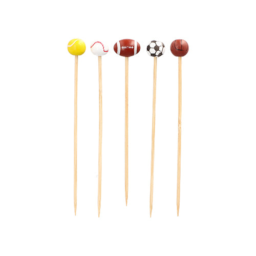 Das PAPSTAR 40 Fingerfood-Picker-Set „Sport“ enthält 40 Holzspieße (12,5 cm) mit Mini-Sportbällen – Tennis, Baseball, Football, Fußball und Basketball – ideal für Buffets oder Partys. Marke: PAPSTAR GmbH.