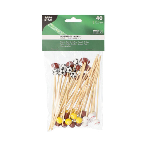 Das PAPSTAR 40 Fingerfood-Picker Set „Sport“ der PAPSTAR GmbH beinhaltet 40 Holzspieße (12,5 cm) mit Fußball-, Basketball-, Tennis- und Baseball-Dekorationen – ideal für Partys und Buffets, verpackt in einer Klarsichttüte.
