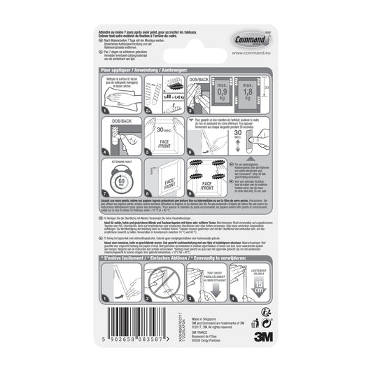 Auf der Rückseite der Command™ Bilder-Montage Strips S, klein, schwarz, 17202BLK von 3M Deutschland GmbH finden Sie eine bebilderte Schritt-für-Schritt-Anleitung zum Anbringen und Entfernen, Gewichtsgrenzen und mehrsprachige Produktinformationen zum einfachen Aufhängen von Bildern ohne Nägel.