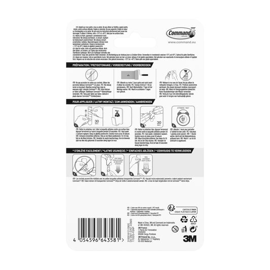 Rückseite einer Command™ Metallhaken Größe S, Goldfarbe (4 Haken, 5 Strips) Packung von 3M Deutschland GmbH mit bebilderter Anleitung, mehrsprachiger Sicherheitsinformation, Produktdetails, Barcodes - perfekt für Ihren selbstklebenden Hakenbedarf.