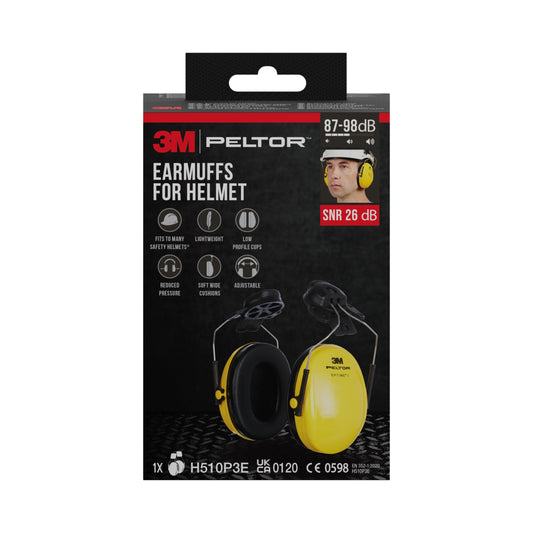 Einzelhandelspackung 3M™ PELTOR™ Optime™ I Helm-Kapselgehörschützer (H510P3E) von 3M Deutschland GmbH, gelb, SNR 26 dB, mit Produktinformation und Bildern zur Verwendung mit einem Helm.