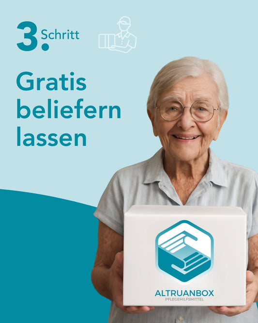 Grafik: Schritt 3 – Gratis beliefern lassen. Ältere Frau mit Brille lächelt und hält ein weißes Paket mit ALTRUANBOX-Logo; links daneben Text und kleines Liefer-Icon.