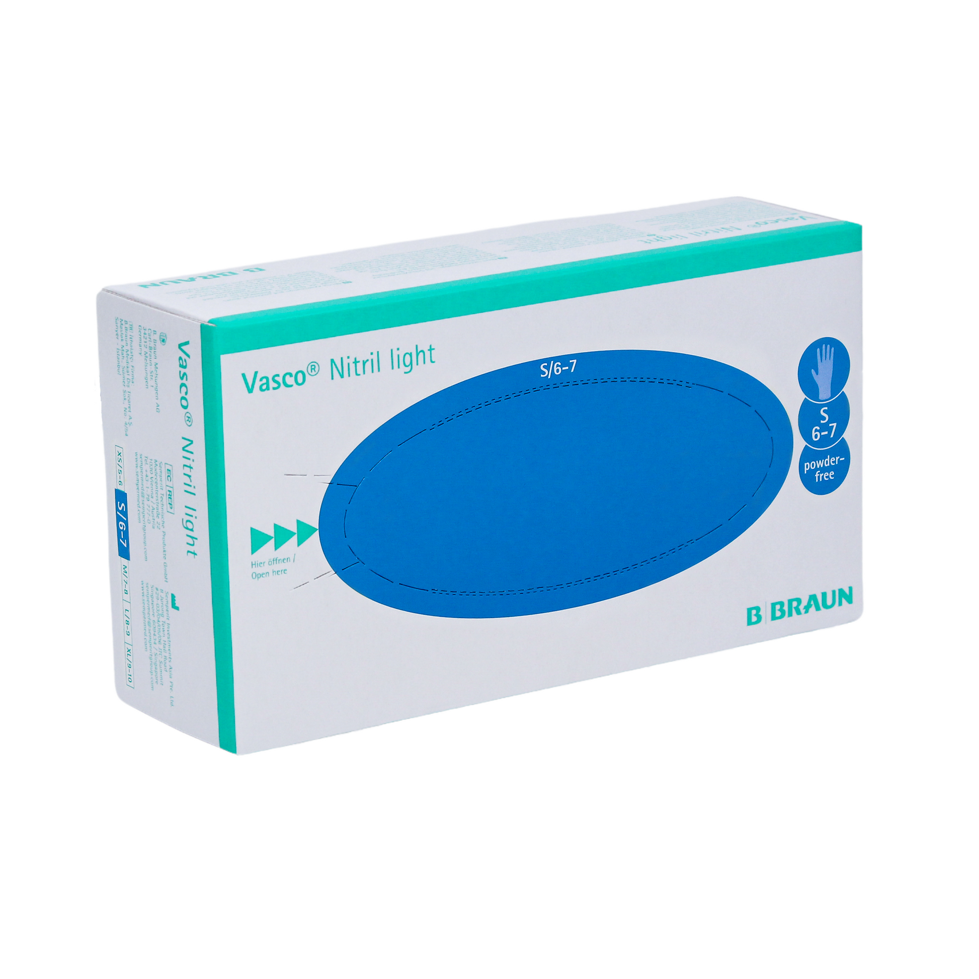 Eine Schachtel medizinische Einweghandschuhe B. Braun Vasco® Nitril light von B. Braun Melsungen AG, Größe S, überwiegend weiß und blaugrün mit Produktgrafiken und Text mit Angaben zu Inhalt und Marke.