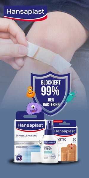 Hansaplast Pflaster wird auf ein Knie aufgeklebt, daneben ein Schutzschild mit „Blockiert 99 % der Bakterien“ sowie verschiedene Hansaplast Produkte wie Wundspray und Pflasterpackungen im unteren Bereich.