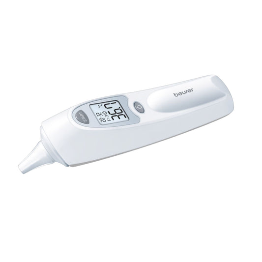 Das Beurer GmbH Auslaufartikel: Das Ohrthermometer FT 58 ist ein weißes Infrarotgerät mit LCD-Display, beschrifteten Tasten, Fieberalarm und "beurer"-Schriftzug auf dem Griff.
