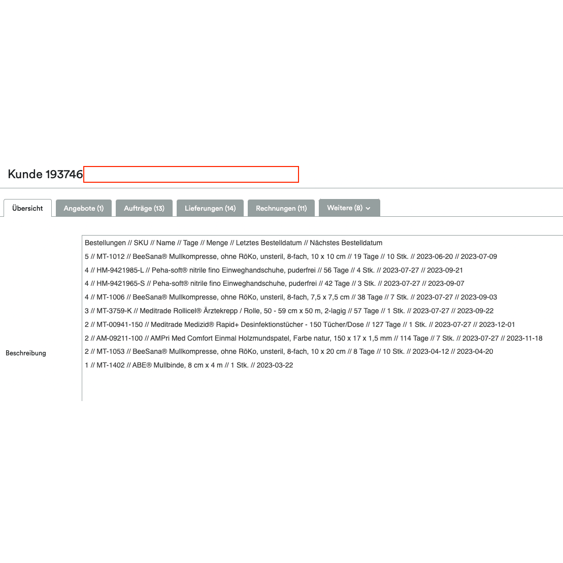 A screenshot showing an Altruan ClientView Orders interface with various tabs such as “Overview,” “Offers,” and more. Customer number 193746 is highlighted at the very top. The following section shows the Weclapp customer overview by purchased products.