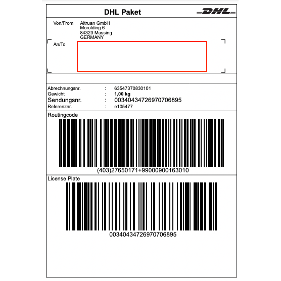 A DHL label from Altruan GmbH (Morolding 6, 84323 Massing, Germany) contains barcodes and a weight of 1.00 kg with the tracking number 00340434276970706895. The recipient address is empty for updates via the PackMaster App: Weclapp Logistics Packing App to improve the efficiency of shipping labels.