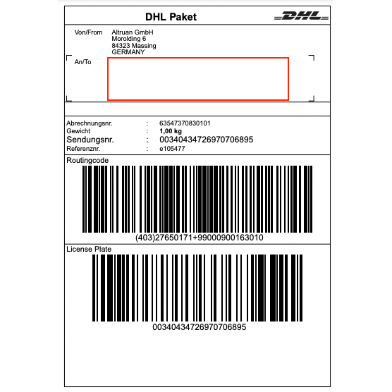 Ein DHL-Label der Altruan GmbH (Morolding 6, 84323 Massing, Deutschland) enthält Barcodes und ein Gewicht von 1,00 kg mit der Trackingnummer 00340434276970706895. Die Empfängeradresse ist für Aktualisierungen über die PackMaster-App leer: Weclapp Logistik Packing App zur Verbesserung der Effizienz von Versandetiketten.