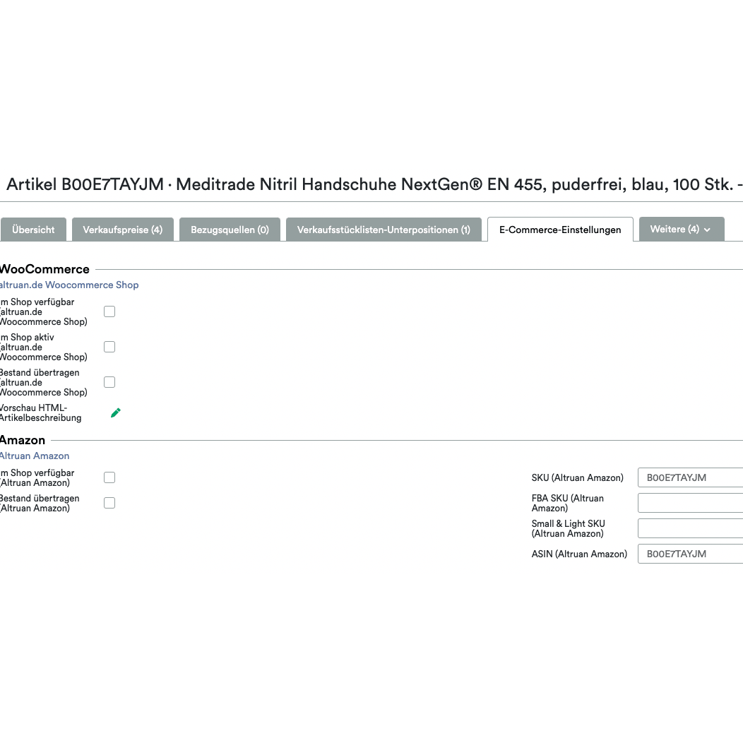 Screenshot of an Altruan UnitTable Sync: Weclapp packaging units and BOM generator interface, showing the list details for Meditrade NextGen EN 455 nitrile gloves. Size and quantity are specified. Marketplace S is also visible.