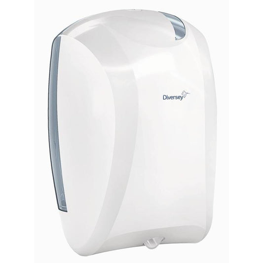 Ein weiß/transparenter Kunststoff-Papierrollenhalter mit Innenabwicklung (35,2 x 24,3 x 24 cm) von Diversey Deutschland. Wandmontage, modernes Design, Spender für Wischtücher mit sichtbarem Ausgabeschlitz. Packung: 1 Stück.