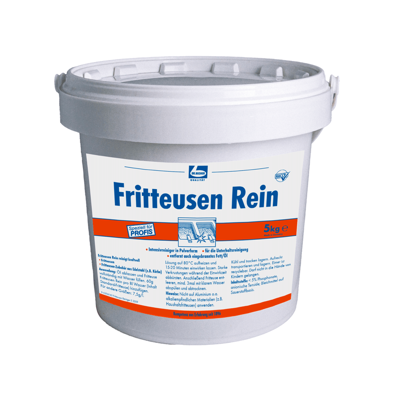 A white plastic bucket Dr. Becher Rei Powder Deep Fryers (Dr. Becher GmbH), 5 kg, with a blue/orange text label in German containing detailed instructions for use and safety precautions for removing burnt-on grease from deep fryers.
