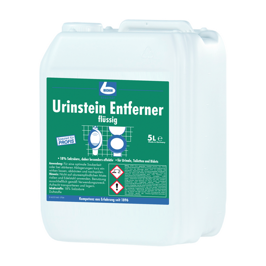 Ein 5-Liter-Behälter „Urinstein Entferner Flüssig“ der Dr. Becher GmbH, ein flüssiger Kalkentferner deutscher Marke, hauptsächlich für Urinale und Toiletten. Die Verpackung ist weiß.
