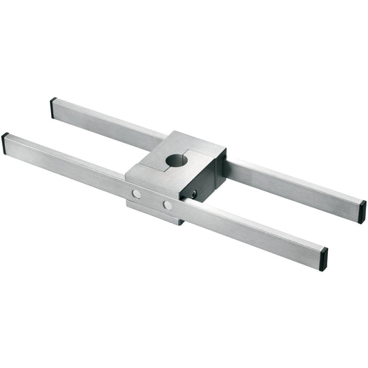 Rechteckige Novocal Euroschienenhalterung aus Edelstahl mit zwei parallelen Stäben und zentralem Nutenstein, inklusive Bohrung und Schrauben, zur verstellbaren Befestigung eines 25 mm Rundrohr-Infusionsständers (1er Pack).