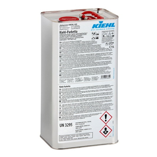 Ein 5-Liter-Metallkanister Kiehl-Parketta Edelhartwachs flüssig der Johannes Kiehl KG, mit rotem Schraubverschluss, Sicherheitssymbolen und mehrsprachiger Anleitung auf dem weißen Etikett (verkauft in einem Karton mit 2 Flaschen).