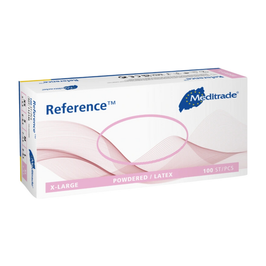Eine Schachtel Meditrade Reference™ Latex Untersuchungshandschuhe in Größe XL mit 100 Stück, überwiegend weiße und rosa Verpackung mit blauen Akzenten.