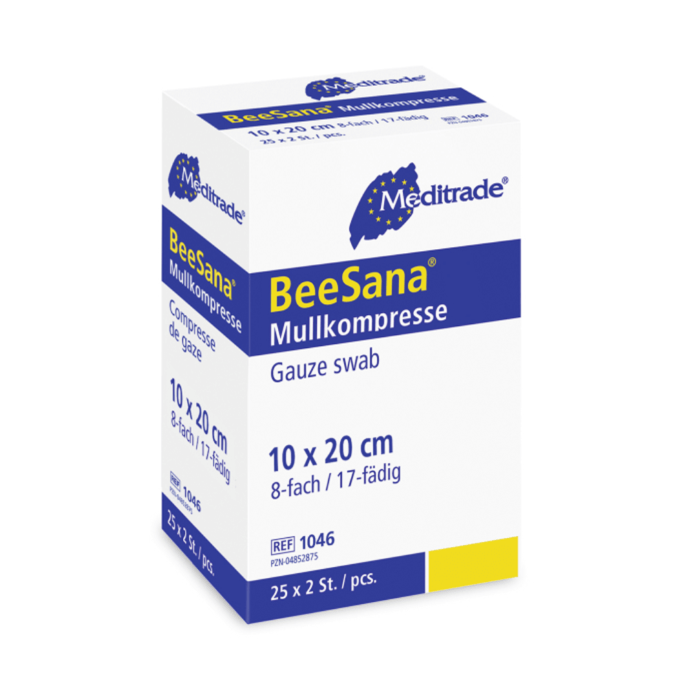 A box of Meditrade BeeSana® gauze compresses, single-sterilized, 8-ply sterile gauze swabs, size 10 x 20 cm, with 8 layers and 17 threads. Meditrade GmbH.