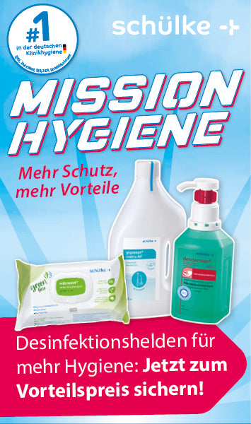 Banner für die Werbung von Schülke mit dem Titel 'MISSION HYGIENE'. Das Banner zeigt Desinfektionsprodukte, darunter Mikrozid Feuchttücher, Desinfektionsmittel in einer Flasche und Handdesinfektionsmittel. Der Slogan lautet 'Mehr Schutz, mehr Vorteile' und es wird auf ein Sonderangebot hingewiesen, bei dem die Desinfektionsprodukte zu einem Vorteilspreis angeboten werden. Es wird auch die Marktführerschaft von Schülke in der deutschen Klinikhygiene hervorgehoben