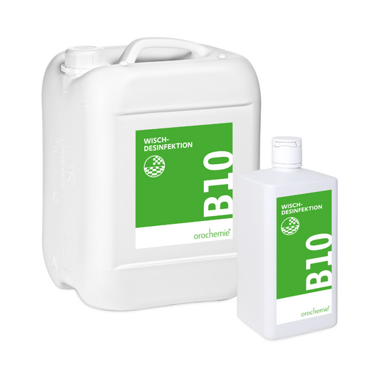 Zwei Behälter mit Desinfektionsmittel Orochemie B 10 Wischdesinfektion: ein großer weißer Plastikkanister und eine kleinere weiße Flasche, beide mit grünem Etikett.