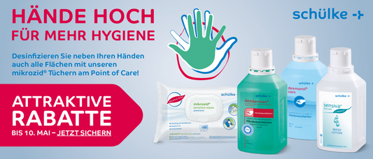 Anzeige für Handhygieneprodukte von Schülke mit der Überschrift „Hände hoch für mehr Hygiene“. Zu sehen sind zwei Flaschen, eine Packung Desinfektionstücher und eine Lotion. Die Anzeige hebt „Attraktive Rabatte“ hervor, die bis zum 10. Mai erhältlich sind.