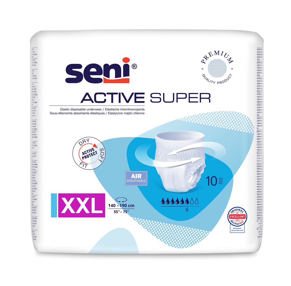 Ein 10er-Pack Seni Active Super Inkontinenzpants XXL (Bundweite 140-190 cm) von TZMO Deutschland GmbH für Blasenschwäche, mit AIR atmungsaktiver Technologie, Trockenheitsschutz und Qualitätslabel auf weißem Grund.