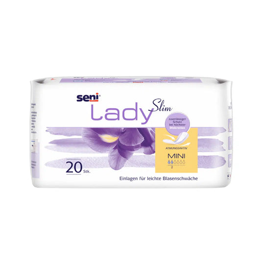 Eine 20er-Packung Seni Lady Slim Mini a20 von TZMO Deutschland GmbH mit violettem Iris-Design und deutschem Text bietet leichten Schutz bei Blasenschwäche mit Extra Dry System für Atmungsaktivität und Saugfähigkeit.