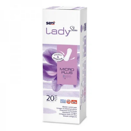 Eine rechteckige Schachtel Seni Lady Slim Micro Plus Einlage von TZMO Deutschland GmbH in Lila und Weiß enthält 20 Pads und hebt die wichtigsten Funktionen hervor – ideal für Tröpfcheninkontinenz.